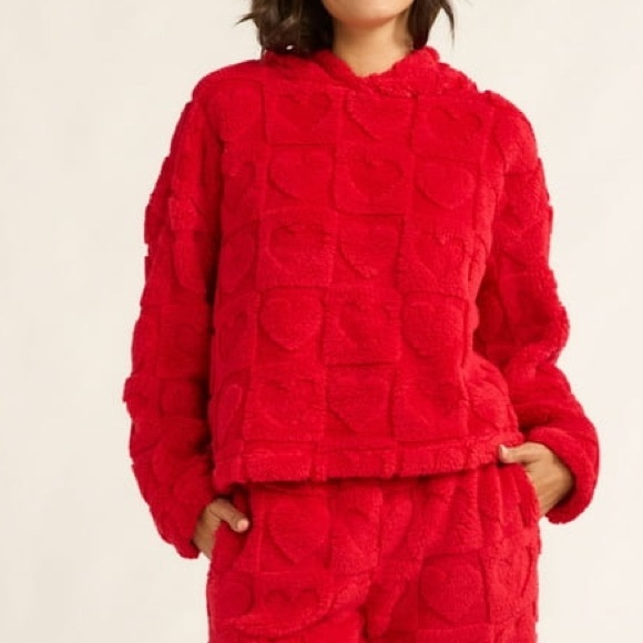 Joyspun Women's heart Embossed Plush Hoodie Pajama top red size 2X - Picture 2 of 8